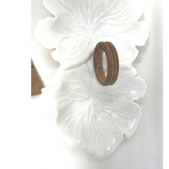 U.S.A Pottery MCM Leaf Shape Relish Serving Dish Wood Handle & Spoons Vintage - Picture 7 of 10